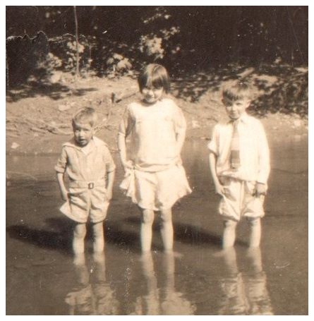 1930.. - brother Howard, sister Eileen, and Robert - wading.JPG